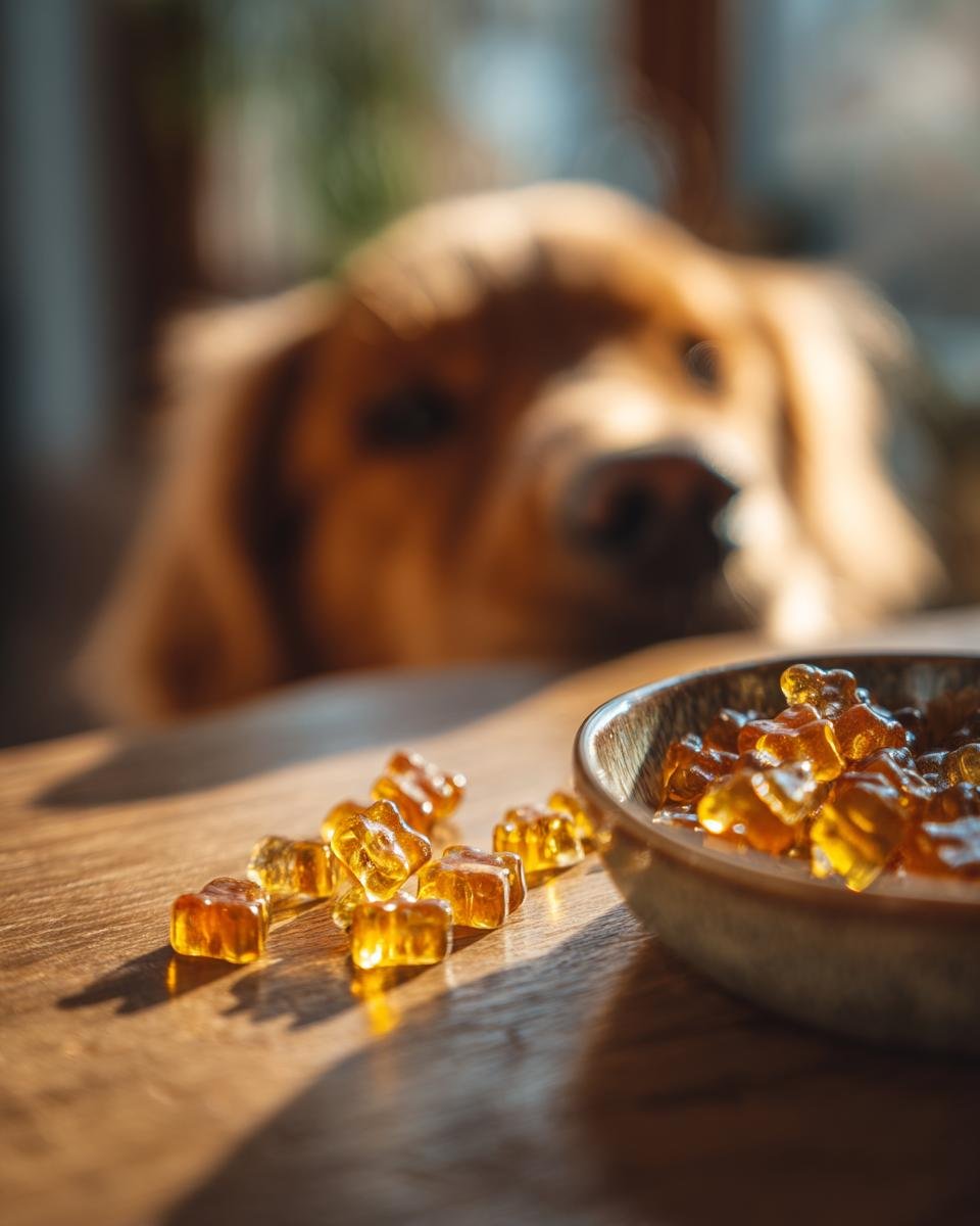 Amber-colored, star-shaped Allergy-Friendly Bone Broth Gummies for Dogs on a wooden table with a dog looking on in the background.