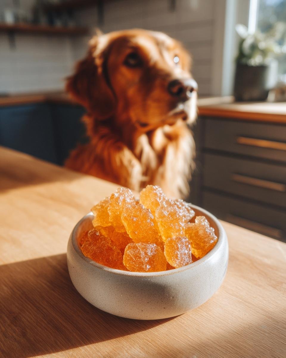 A bowl of orange Anti-Aging Bone Broth Gummies for Senior Dogs sits on a wooden table while a golden retriever looks on.