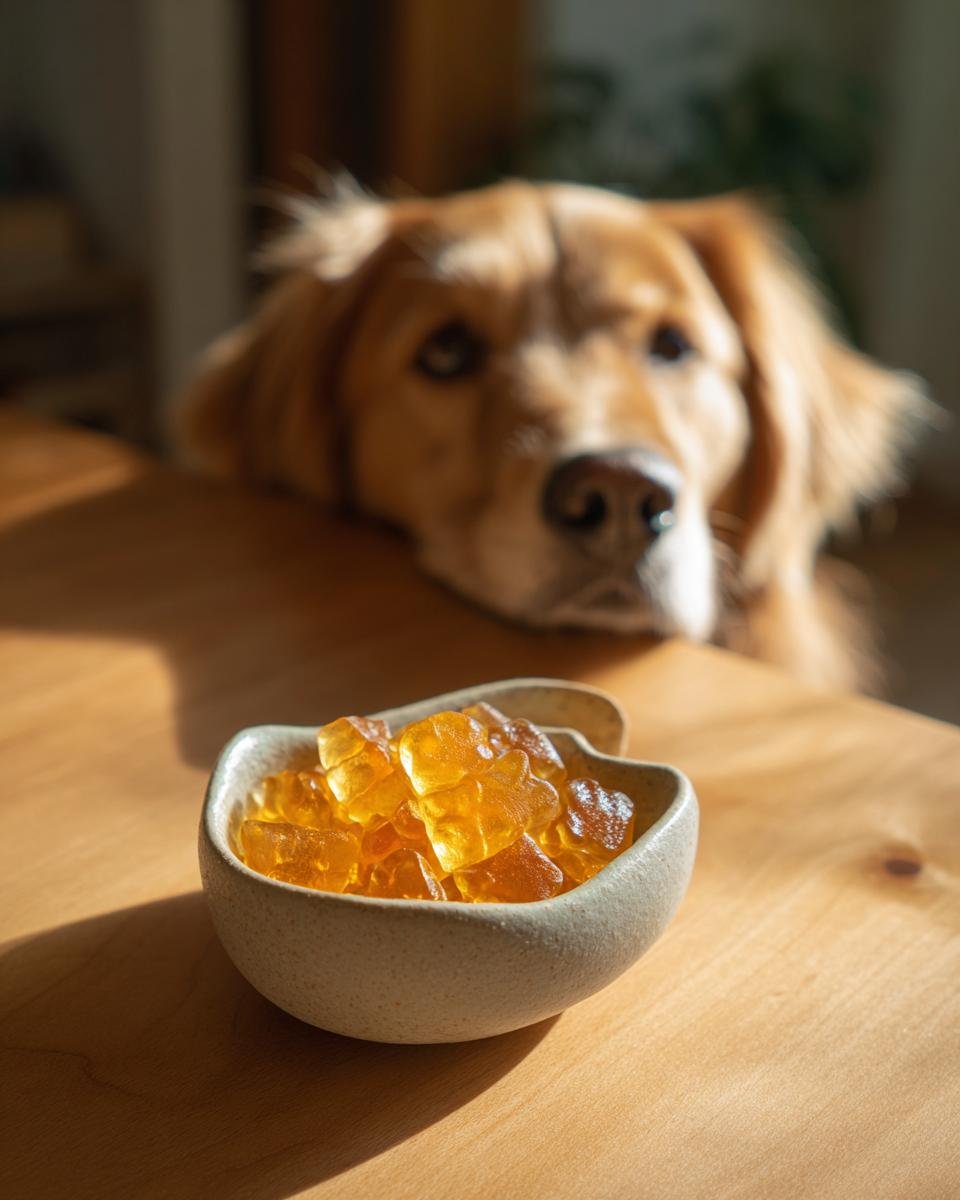 A bowl of golden Anti-Aging Bone Broth Gummies for senior dogs sits on a wooden table while a golden retriever looks on.