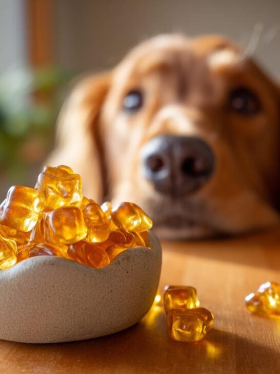 Golden retriever looking eagerly at a bowl of amber Anti-Aging Bone Broth Gummies for Senior Dogs.