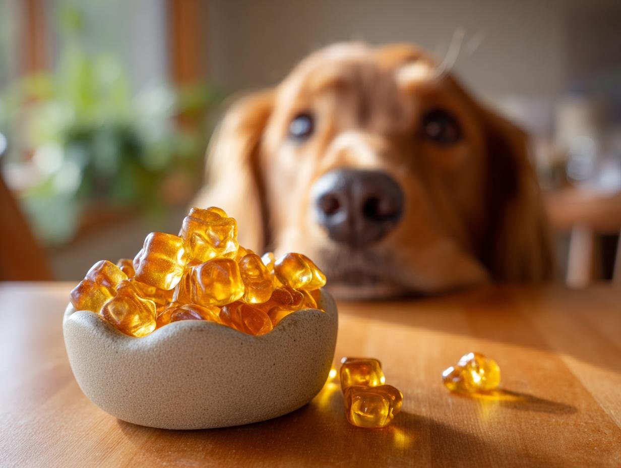 Golden retriever looking eagerly at a bowl of amber Anti-Aging Bone Broth Gummies for Senior Dogs.