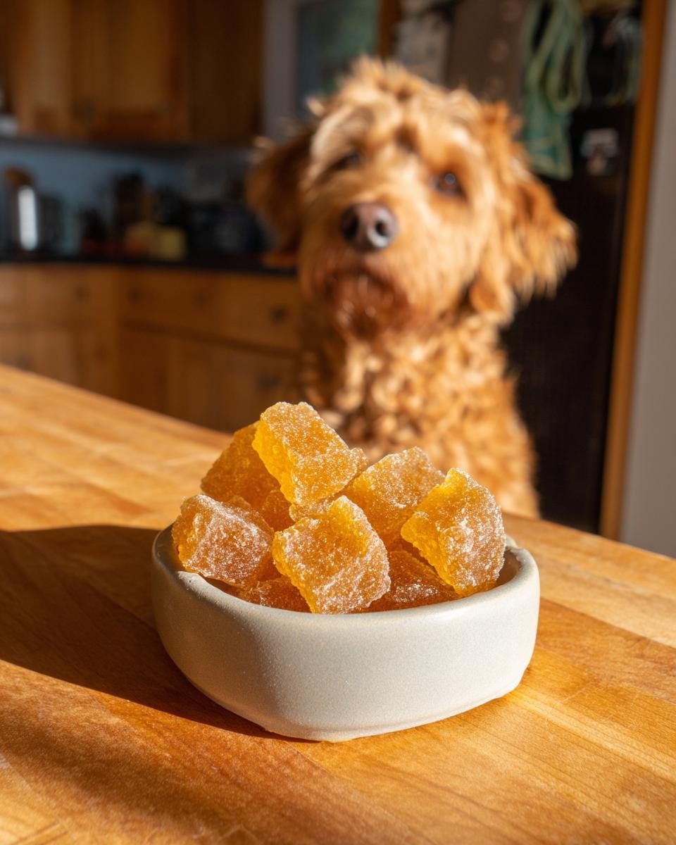 A bowl of golden Anti-Aging Bone Broth Gummies for Senior Dogs sits on a wooden counter while a fluffy brown dog looks on.