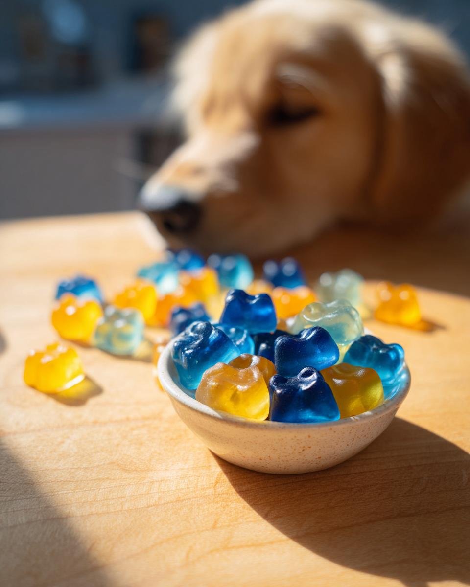 A golden retriever puppy looks intently at a small bowl filled with blue and yellow Apple & Blueberry Bone Broth Gummies for Dogs.