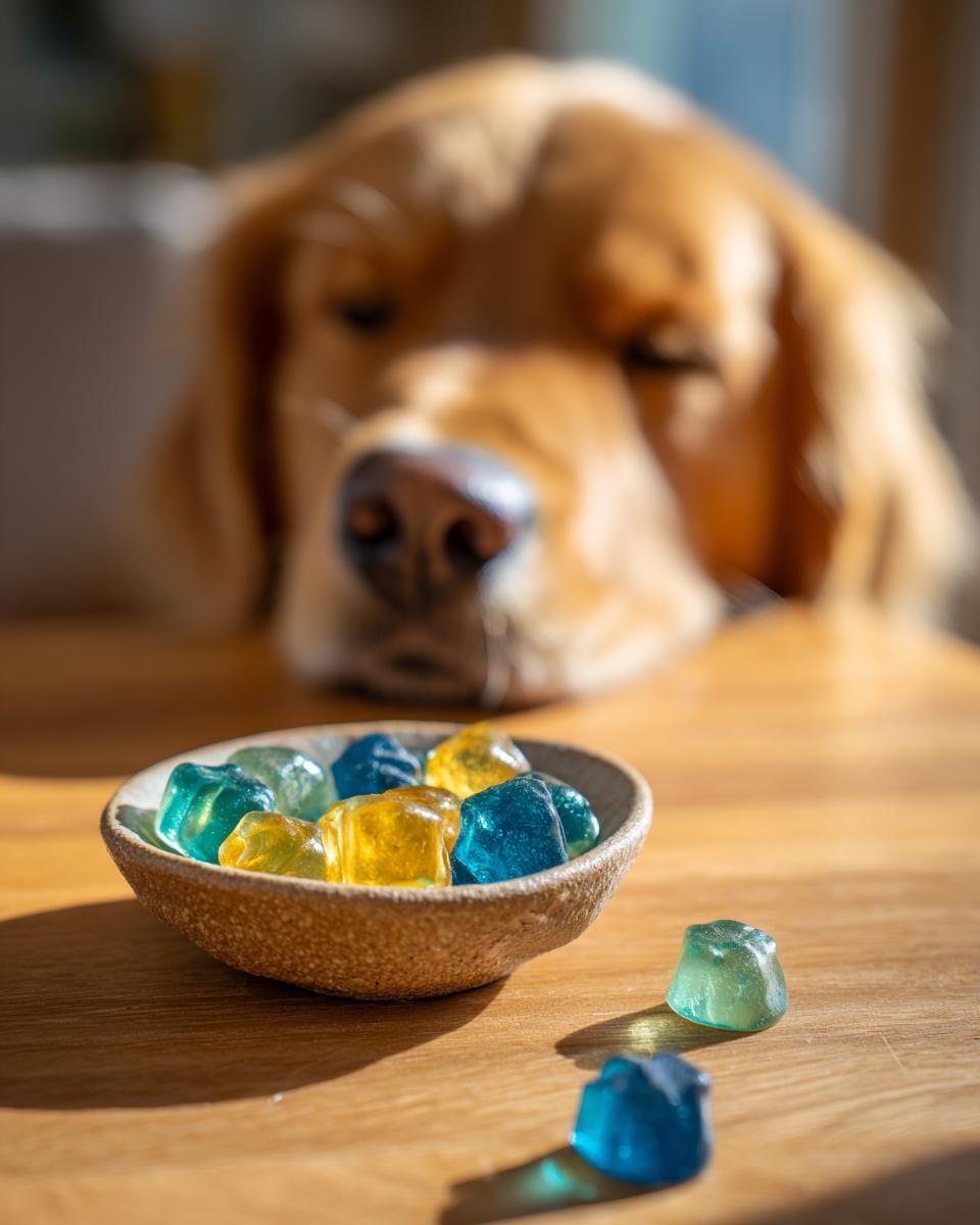 A bowl of colorful Apple & Blueberry Bone Broth Gummies for dogs with a curious Golden Retriever looking on.