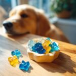 A bowl of blue and yellow Apple & Blueberry Bone Broth Gummies for dogs on a wooden table, with a Golden Retriever looking on.