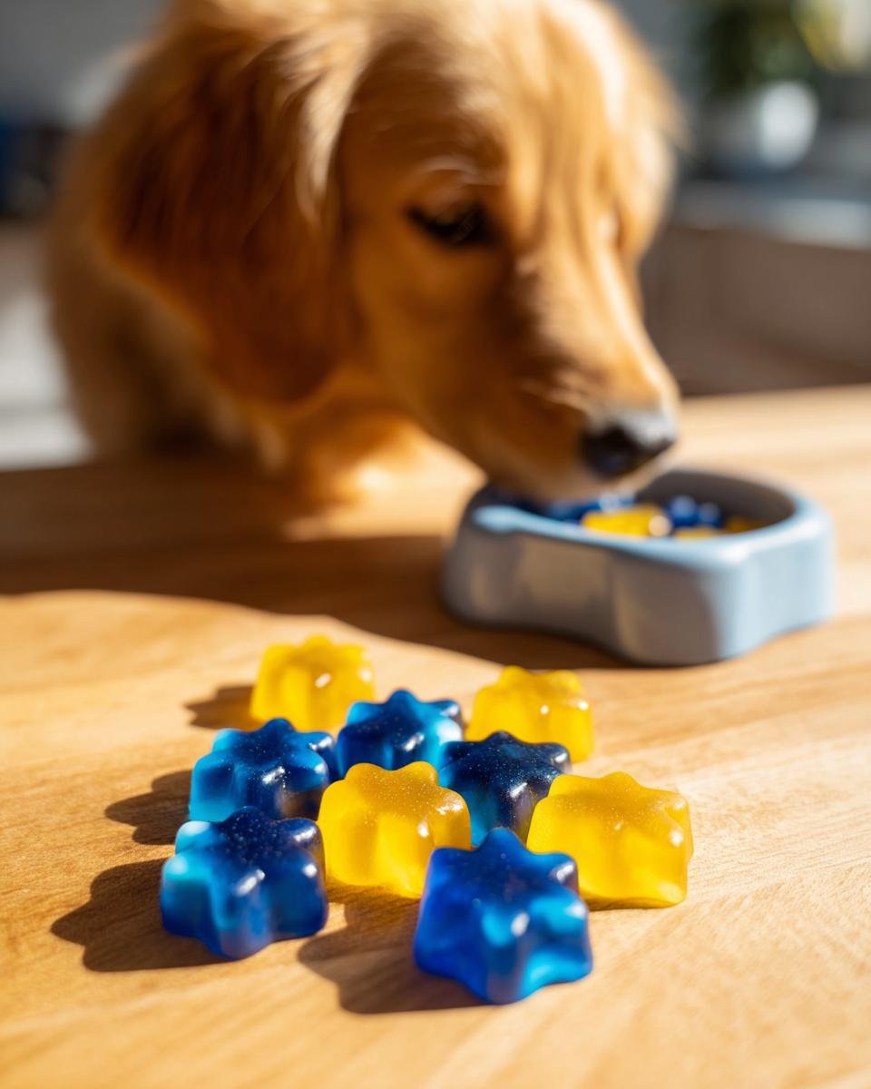 A golden puppy approaches star-shaped Apple & Blueberry Bone Broth Gummies on a wooden surface.