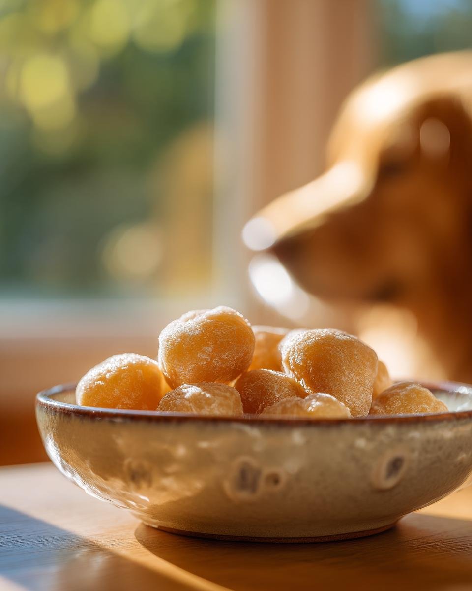 A bowl filled with golden Apple & Bone Broth Gummy Bones for dogs, with a dog's snout visible in the background.