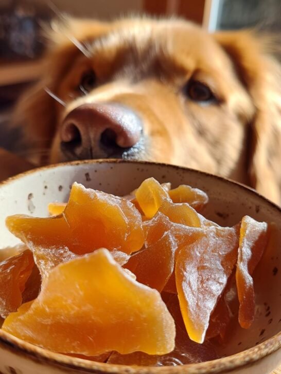 A bowl of homemade Apple & Bone Broth Gummy Bones with a curious Golden Retriever looking over the edge.