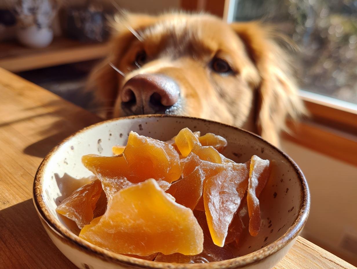 A bowl of homemade Apple & Bone Broth Gummy Bones with a curious Golden Retriever looking over the edge.