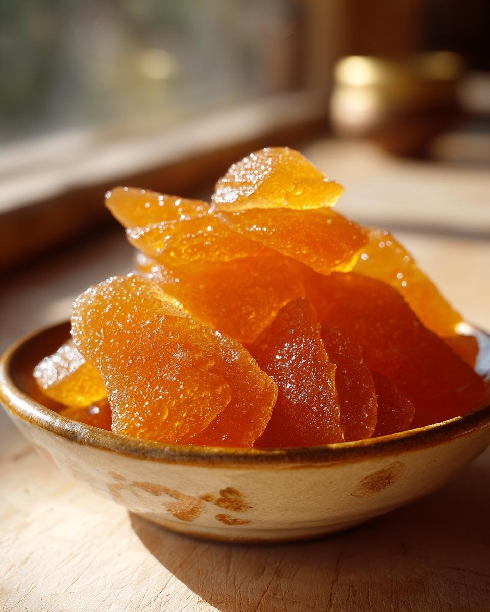 Close-up of finished, glistening Apple & Bone Broth Gummy Bones for dogs stacked in a small bowl.