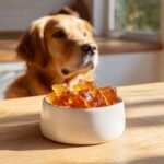 A bowl of star-shaped Apple Cider Vinegar Bone Gummies for Dogs sits on a wooden table while a golden retriever looks on eagerly.