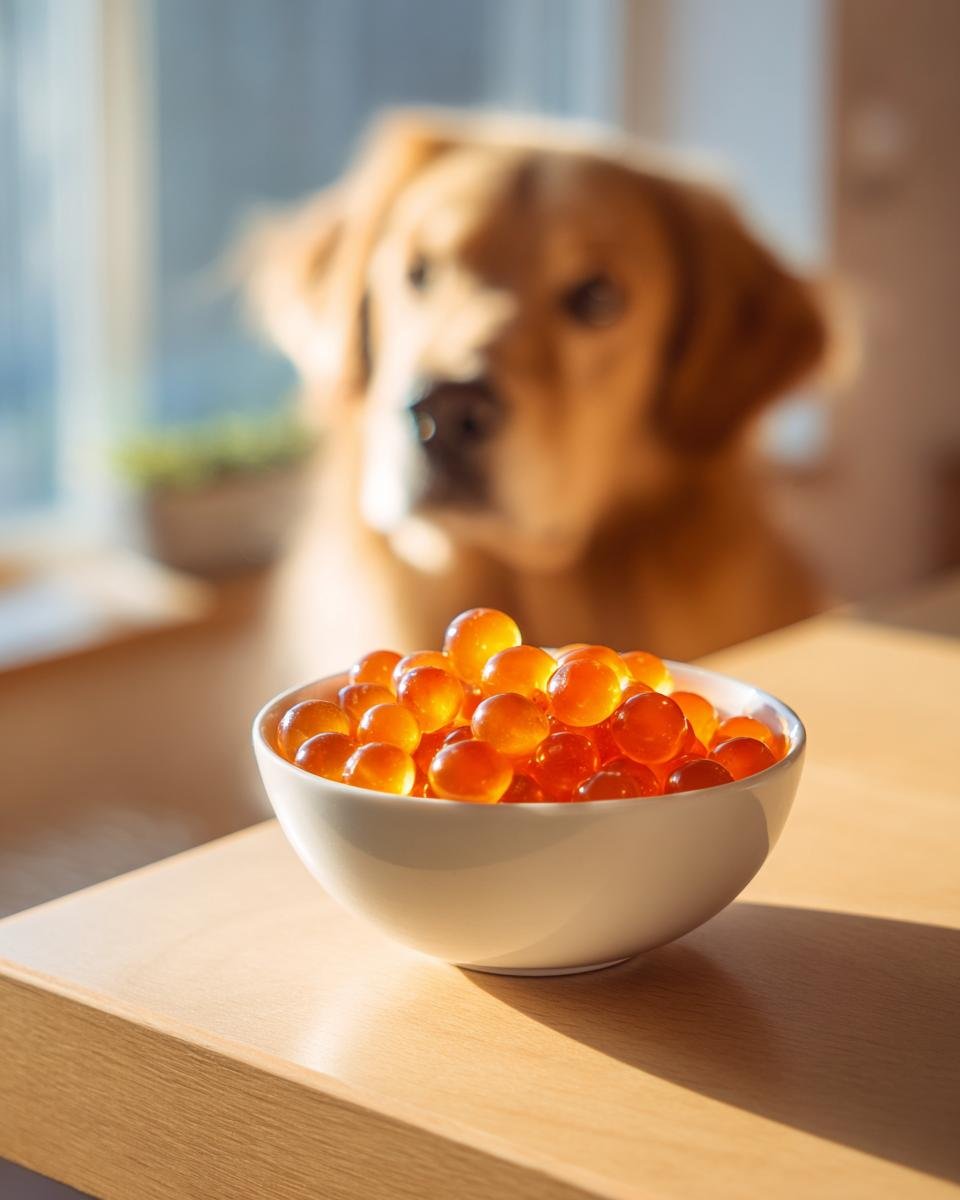 A white bowl filled with bright orange, spherical Apple Cider Vinegar Bone Gummies for Dogs, with a golden retriever blurred in the background.