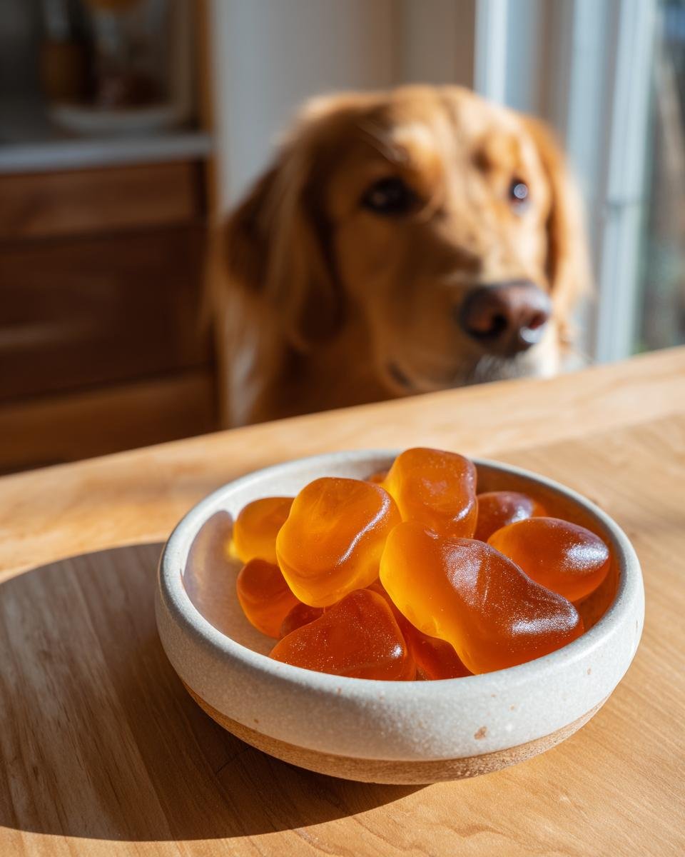 A bowl of amber-colored Apple Cider Vinegar Bone Gummies for Dogs sits on a wooden table while a golden retriever looks on.