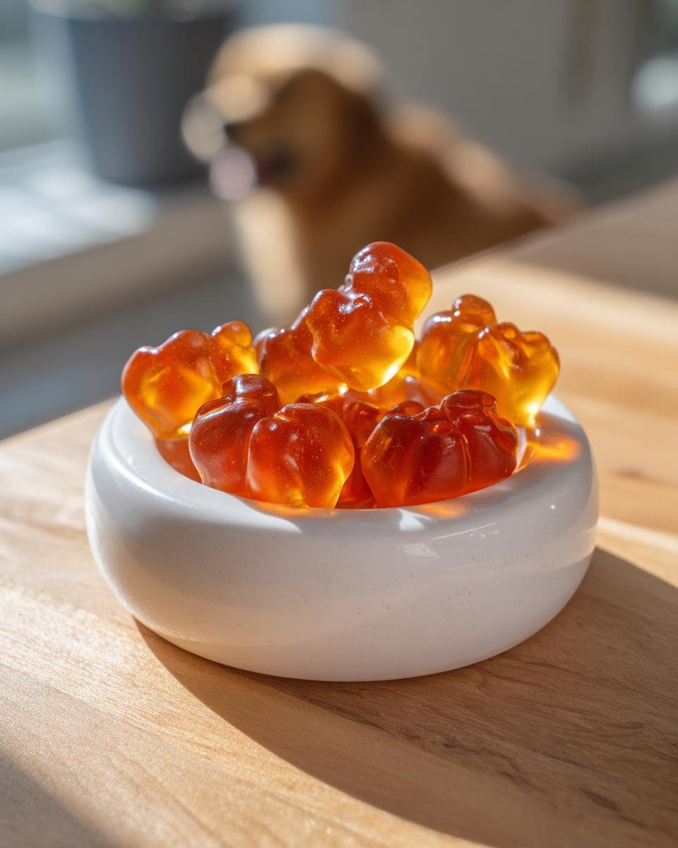Amber-colored, bone-shaped Apple Cider Vinegar Bone Gummies for Dogs in a small white bowl.
