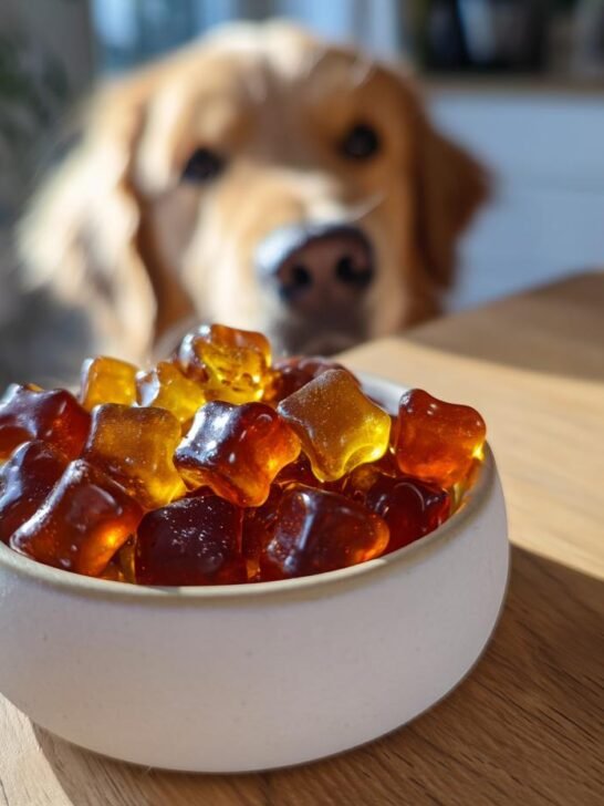 A bowl of amber, star-shaped Apple Cider Vinegar Bone Gummies for Dogs sits on a wooden table, with a curious Golden Retriever looking on in the background.
