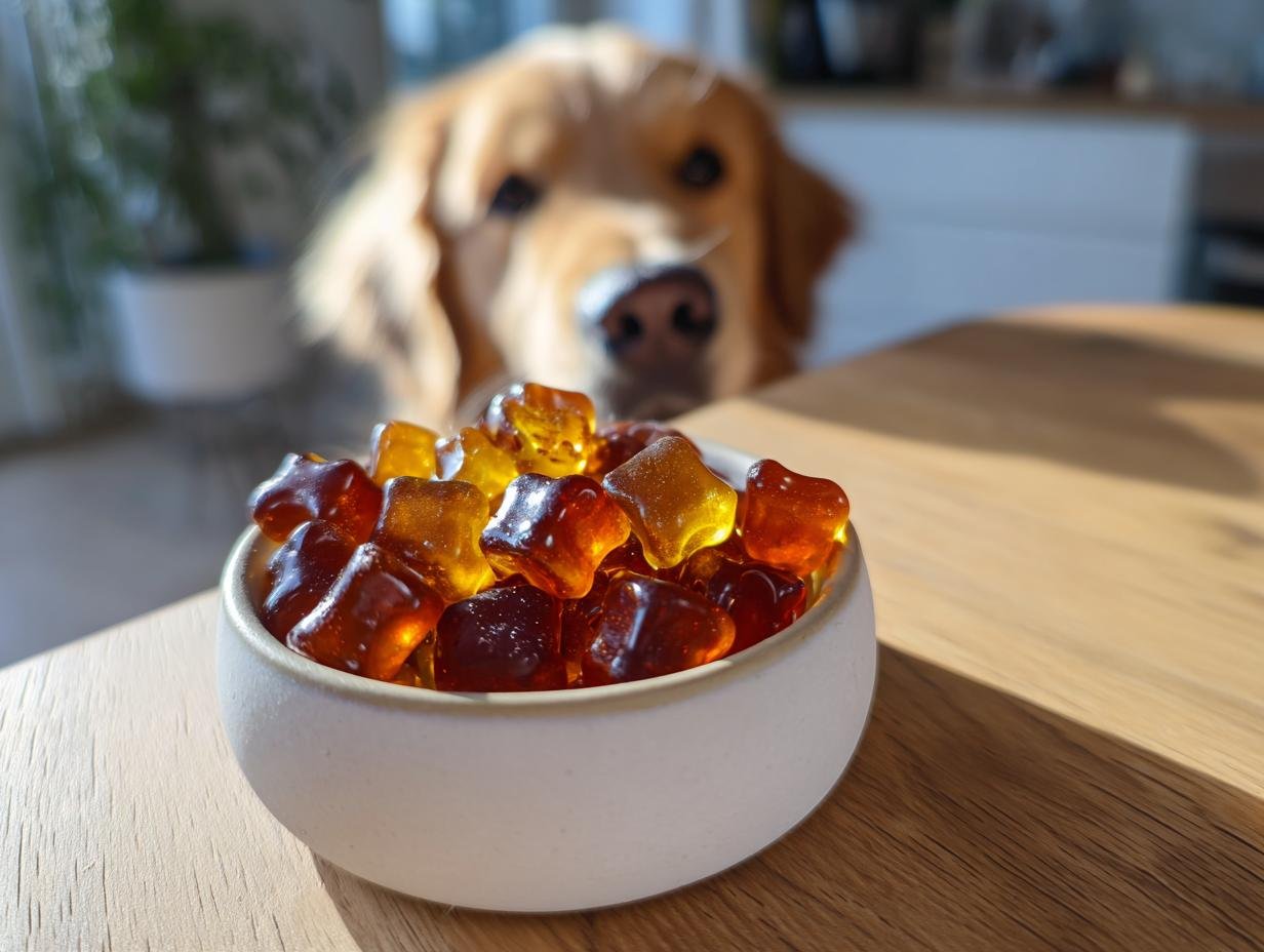 A bowl of amber, star-shaped Apple Cider Vinegar Bone Gummies for Dogs sits on a wooden table, with a curious Golden Retriever looking on in the background.