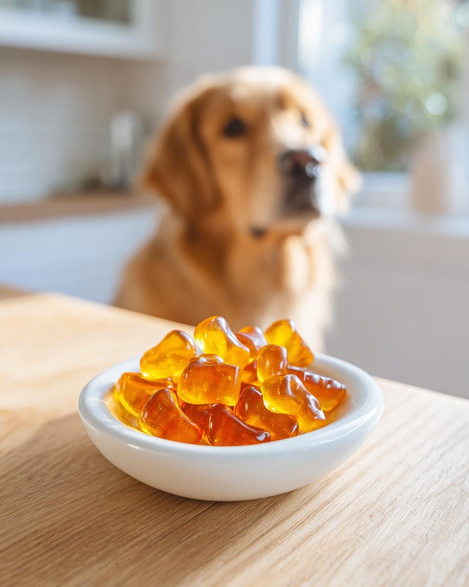 A white bowl filled with amber-colored Apple Cider Vinegar Bone Gummies for Dogs sits on a wooden table, with a golden retriever blurred in the background.