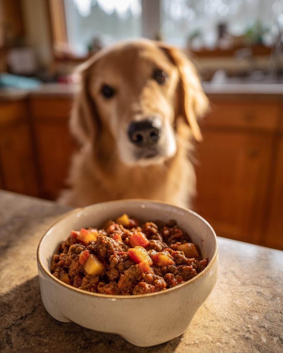 A bowl of Beef and Apple Immune Boost Dinner with a golden retriever dog in the background.