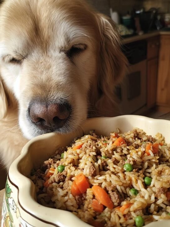 A golden retriever eagerly looks at a bowl of beef and brown rice strength meal for dogs.