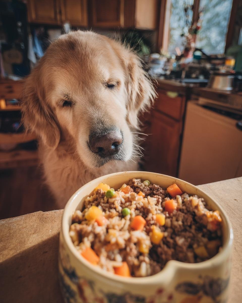 A golden retriever dog looking intently at a bowl of beef and brown rice strength meal for dogs.