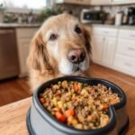 A golden retriever looks eagerly at a bowl of homemade Beef and Brown Rice Strength Meal for Dogs.