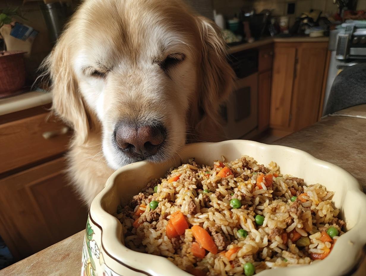 A golden retriever eagerly looks at a bowl of beef and brown rice strength meal for dogs.