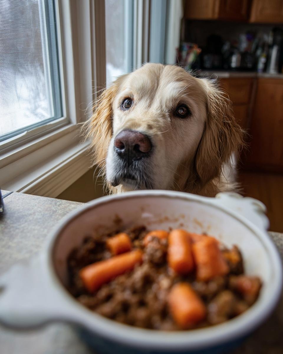 A golden retriever looks longingly at a bowl of beef and carrot dinner, a healthy meal for daily support.