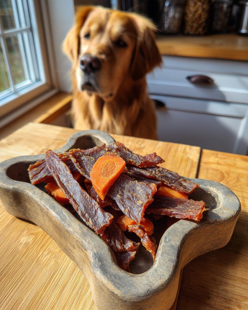 A dog looking longingly at a bone-shaped dish filled with Beef and Carrot Lean Jerky.