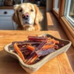 A golden retriever looking at a bowl of Beef and Carrot Lean Jerky.