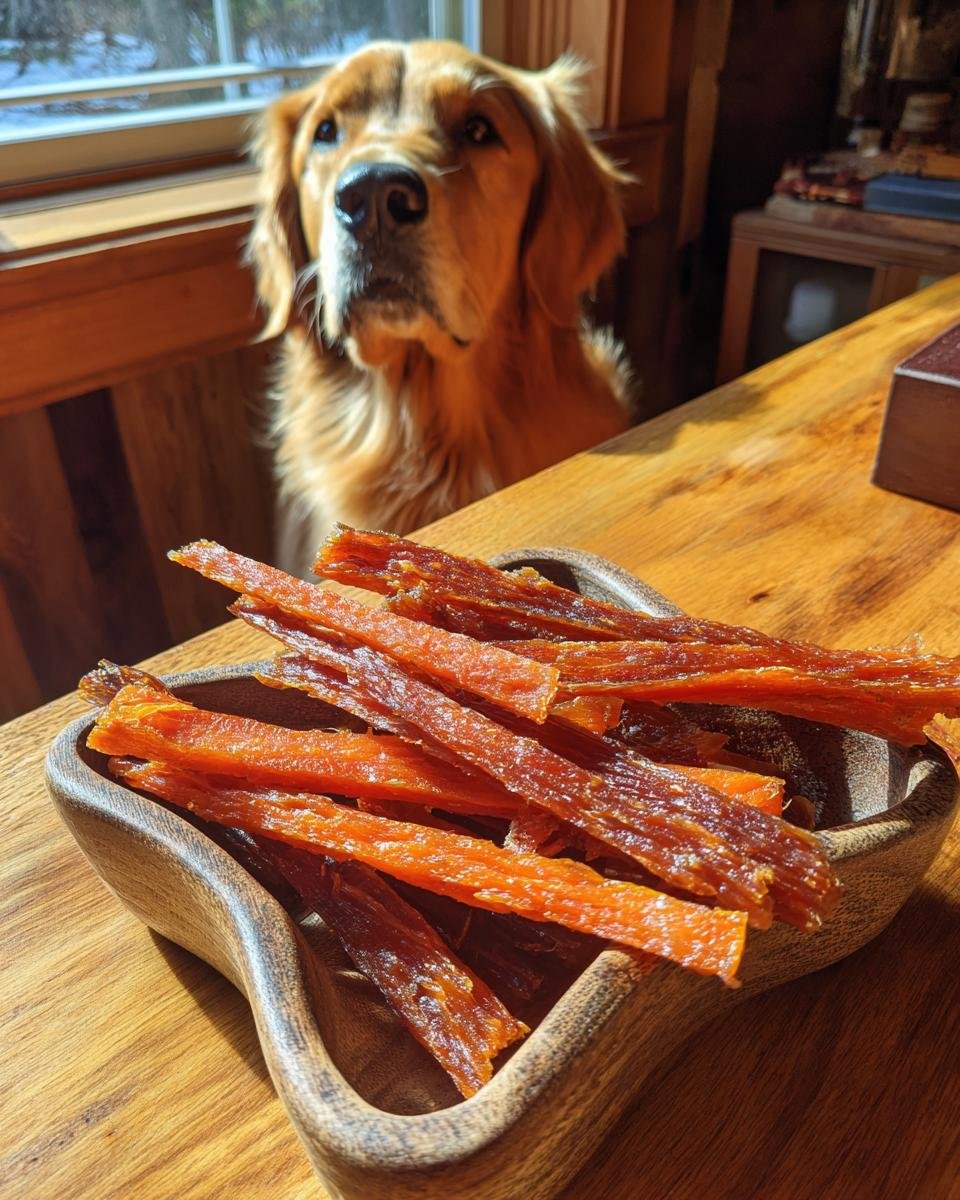 A golden retriever looks longingly at a wooden bowl filled with Beef and Carrot Lean Jerky.