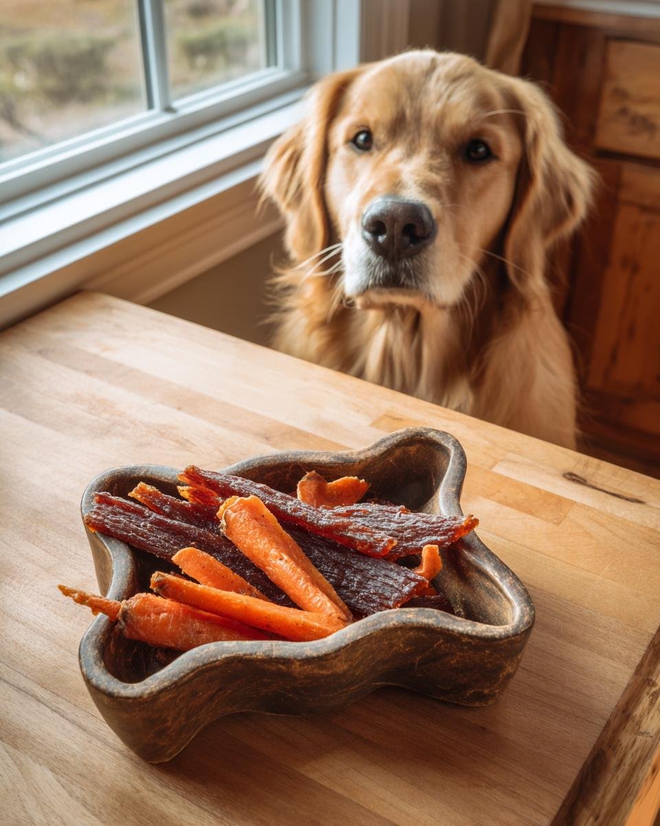 A golden retriever looks longingly at a bowl of beef and carrot lean jerky on a wooden table.