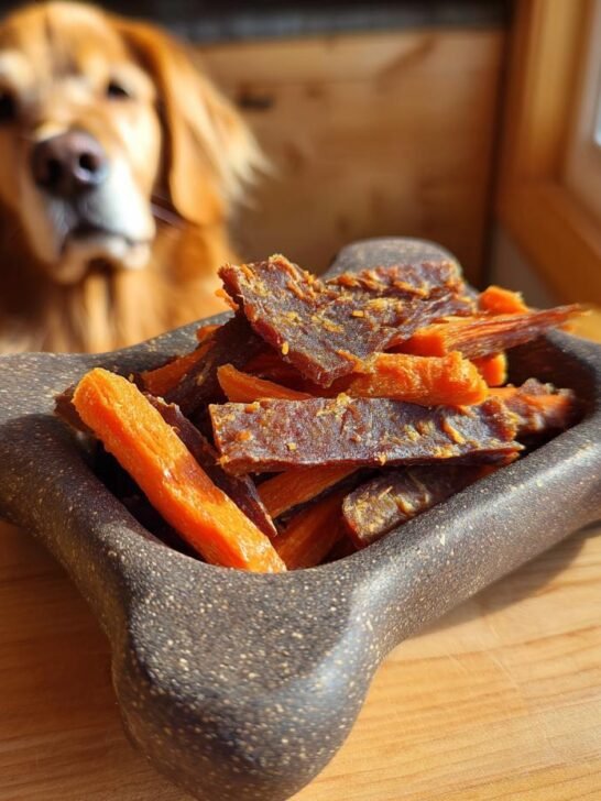 A bowl of homemade Beef and Carrot Lean Jerky with a golden retriever dog in the background.