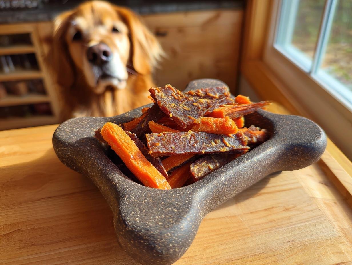A bowl of homemade Beef and Carrot Lean Jerky with a golden retriever dog in the background.