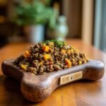 A close-up of a Beef and Lentil Iron Boost Bowl for dogs, served in a bone-shaped dish with diced carrots and herbs.