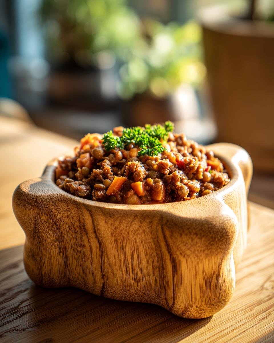A close-up of a wooden bowl filled with a hearty Beef and Lentil Iron Boost Bowl, garnished with fresh parsley.