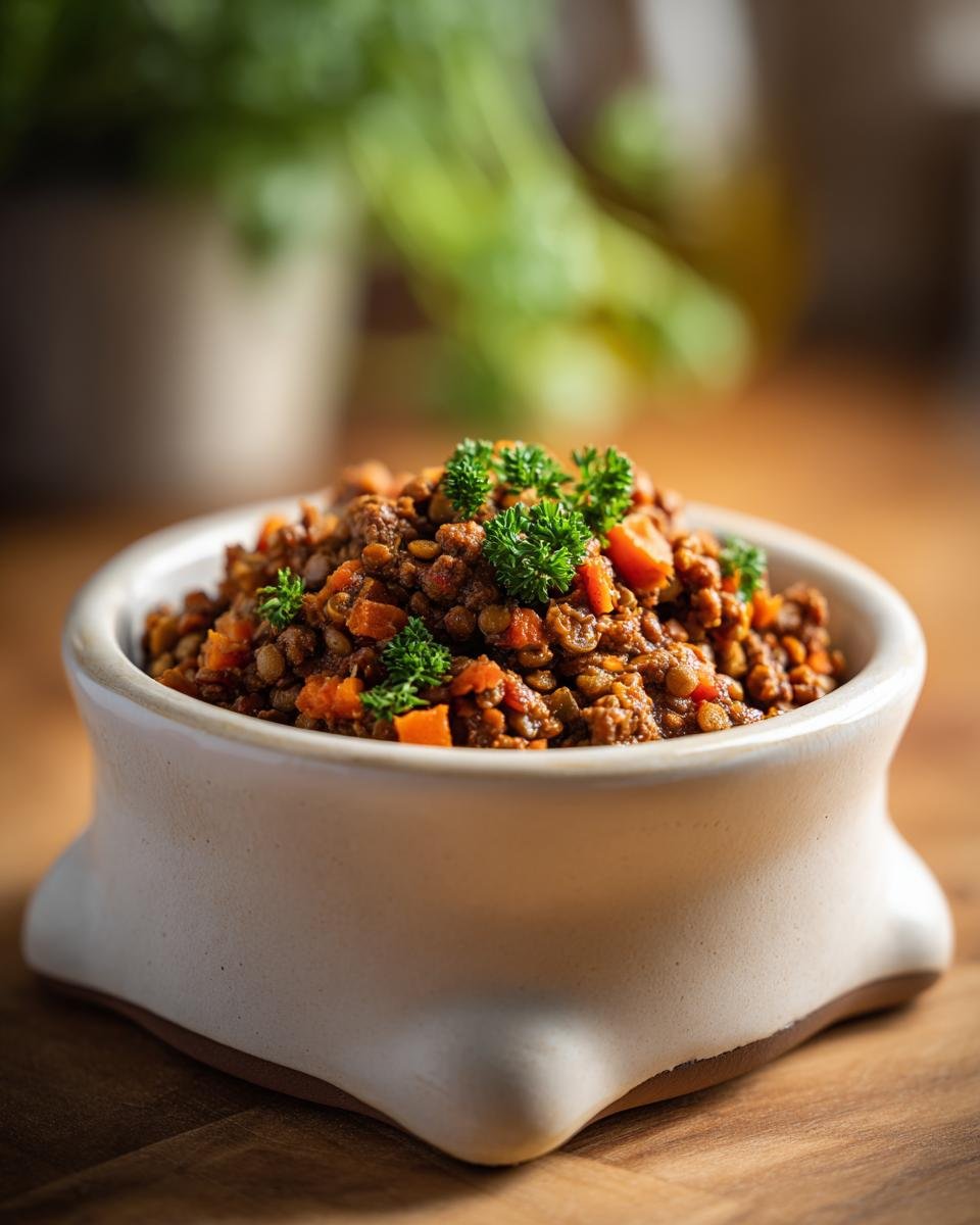 A close-up of a white bowl filled with a hearty Beef and Lentil Iron Boost Bowl, garnished with fresh parsley.