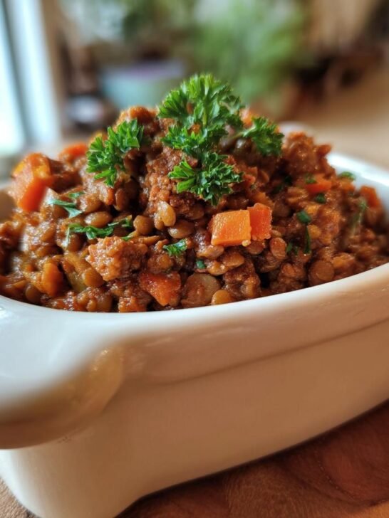 A hearty Beef and Lentil Iron Boost Bowl filled with tender lentils, savory beef, and diced carrots, topped with fresh parsley.