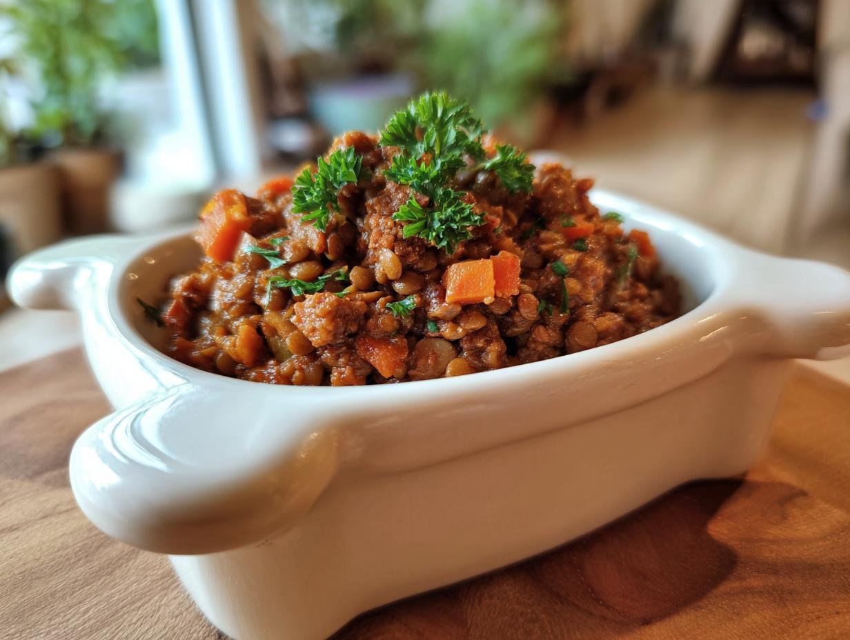 A hearty Beef and Lentil Iron Boost Bowl filled with tender lentils, savory beef, and diced carrots, topped with fresh parsley.