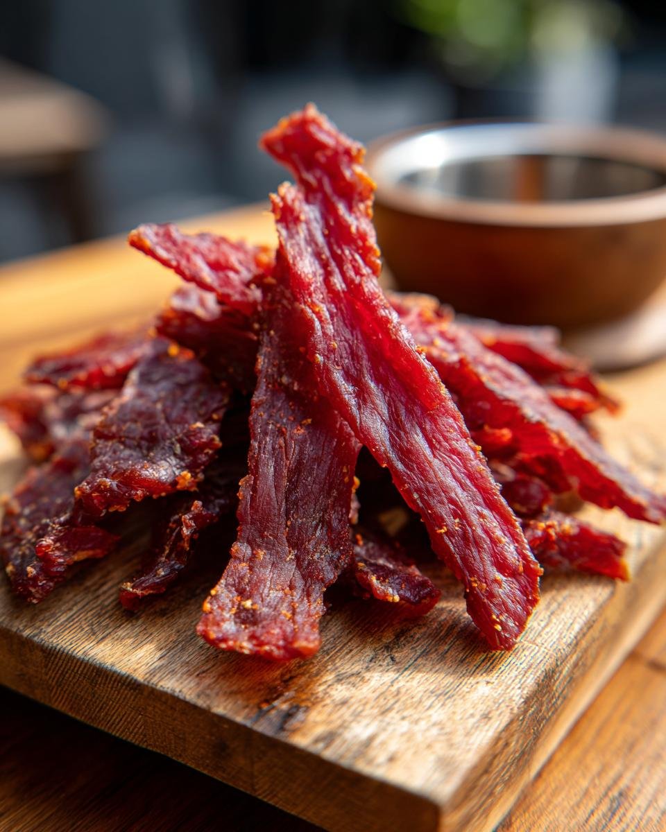 A close-up of a pile of homemade Beef Apple Crunch Jerky on a rustic wooden board.