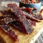 Close-up of delicious Beef Apple Crunch Jerky strips piled on a wooden cutting board, with a bowl of peppercorns in the background.