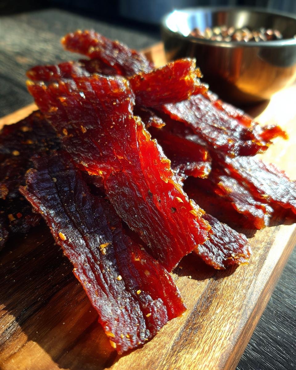 Close-up of delicious Beef Apple Crunch Jerky pieces piled on a wooden board, with a bowl of spices in the background.