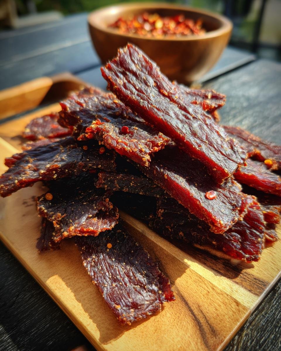 A close-up of a pile of homemade Beef Apple Crunch Jerky on a wooden cutting board, sprinkled with chili flakes.