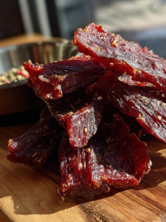 A close-up of a stack of homemade Beef Apple Crunch Jerky on a wooden cutting board, with a small bowl of peppercorns in the background.