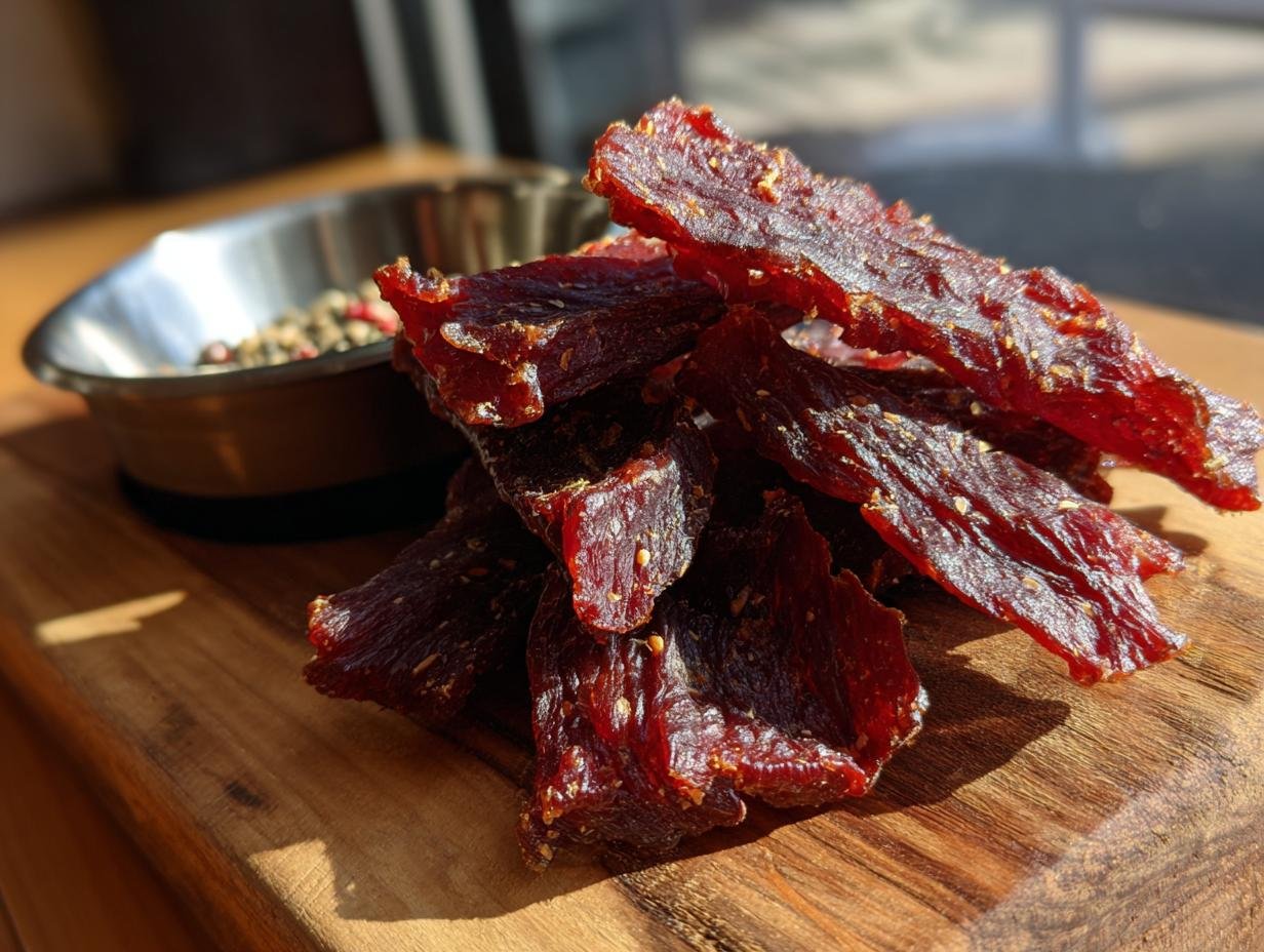 A close-up of a stack of homemade Beef Apple Crunch Jerky on a wooden cutting board, with a small bowl of peppercorns in the background.