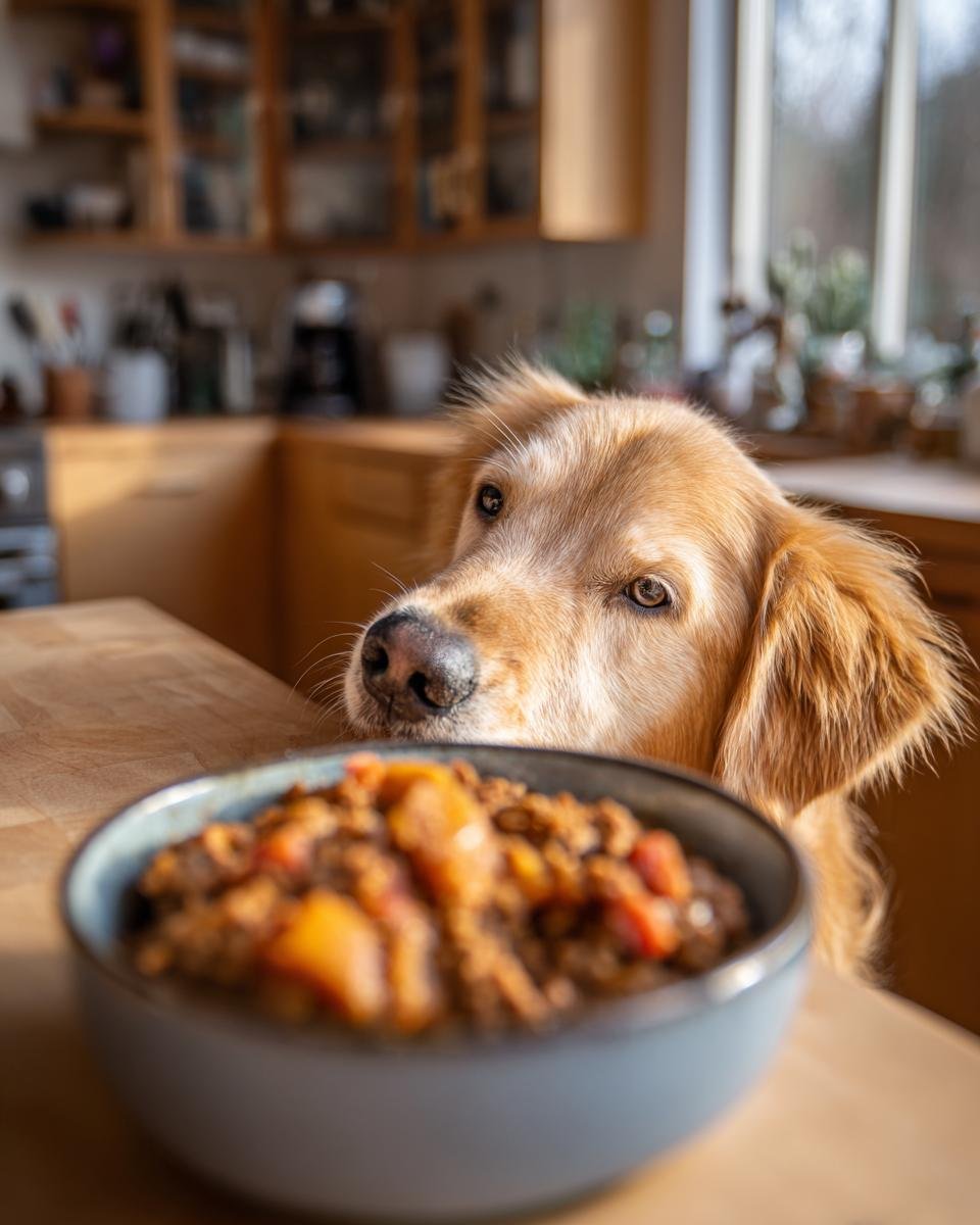 A golden retriever looking longingly at a bowl of beef and apple dinner.
