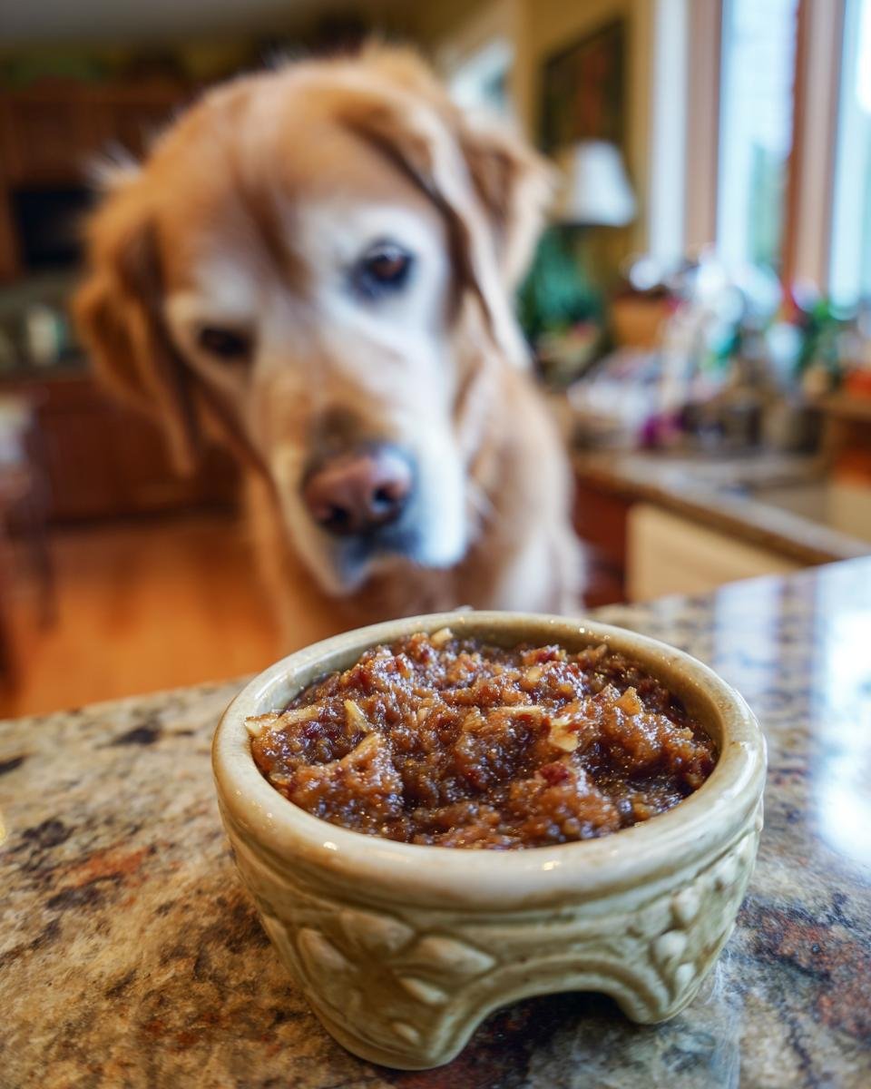 A golden retriever dog looks curiously at a small bowl of Beef and Apple Immune Boost Dinner.
