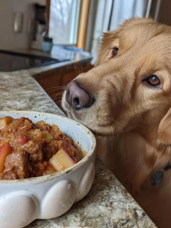 Golden retriever looking at a bowl of beef and apple immune boost dinner for natural support.