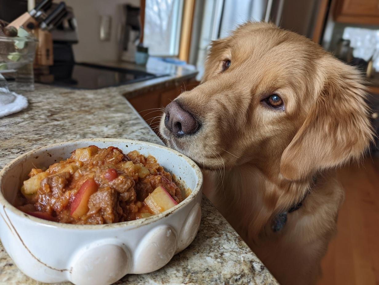 Golden retriever looking at a bowl of beef and apple immune boost dinner for natural support.