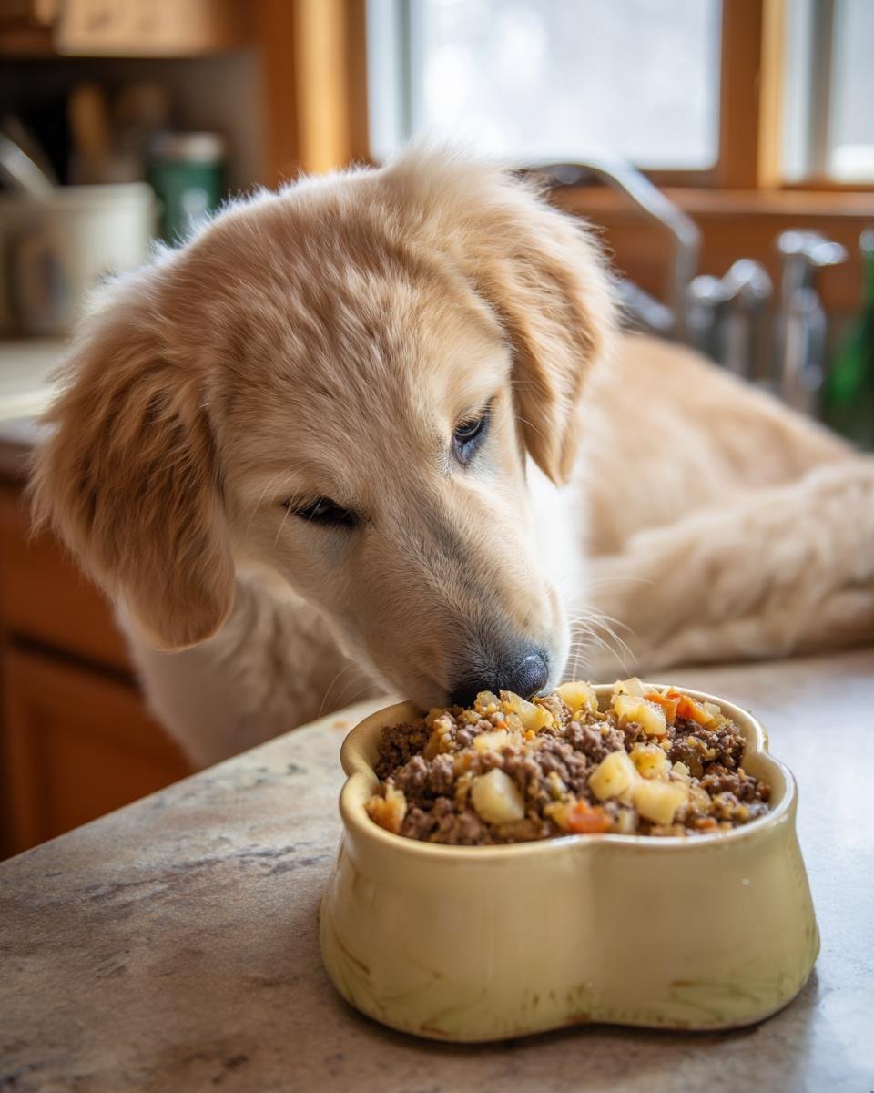 A golden retriever puppy eagerly eating a bowl of homemade Beef and Apple Immune Boost Dinner.