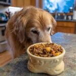 A golden retriever dog eagerly looking down at a bowl of beef and apple dog food.
